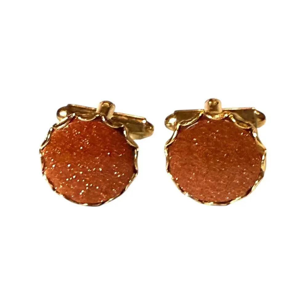 Vintage Cufflinks & Tie Pin Mens Gold Tone Blood Orange Glass Gold Stone Set